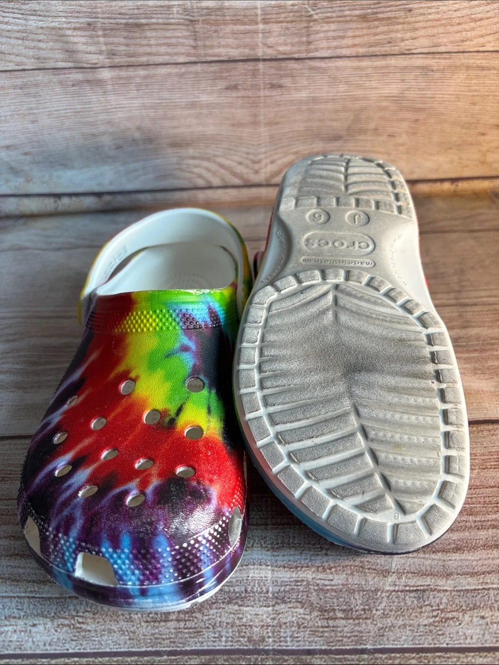 CROCS Kids Rainbow Tie-Dye Clogs with White Strap
